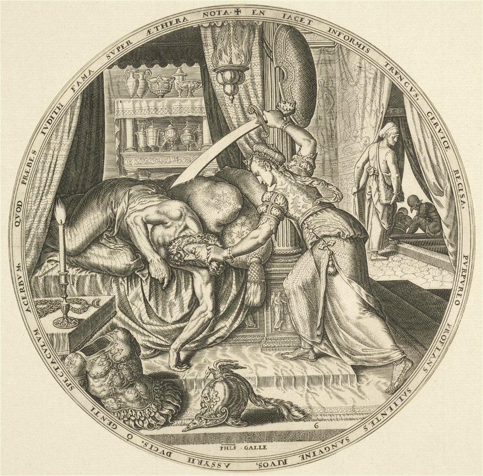 Judit onthoofd Holofernes met zijn eigen zwaard. Haar dienares houdt de wacht bij de tentingang. Holofernes lag in zijn bed te slapen.Zijn wapenrusting ligt op de grond voor het bed Rich. 1, NL-HlmNHA 53008043