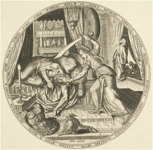 Judit onthoofd Holofernes met zijn eigen zwaard. Haar dienares houdt de wacht bij de tentingang. Holofernes lag in zijn bed te slapen.Zijn wapenrusting ligt op de grond voor het bed Rich. 1, NL-HlmNHA 53008043
