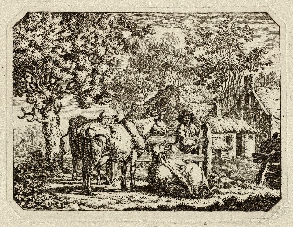 Koeien voor een hek met boer bij een boerderij. NL-HlmNHA 1477 53012151