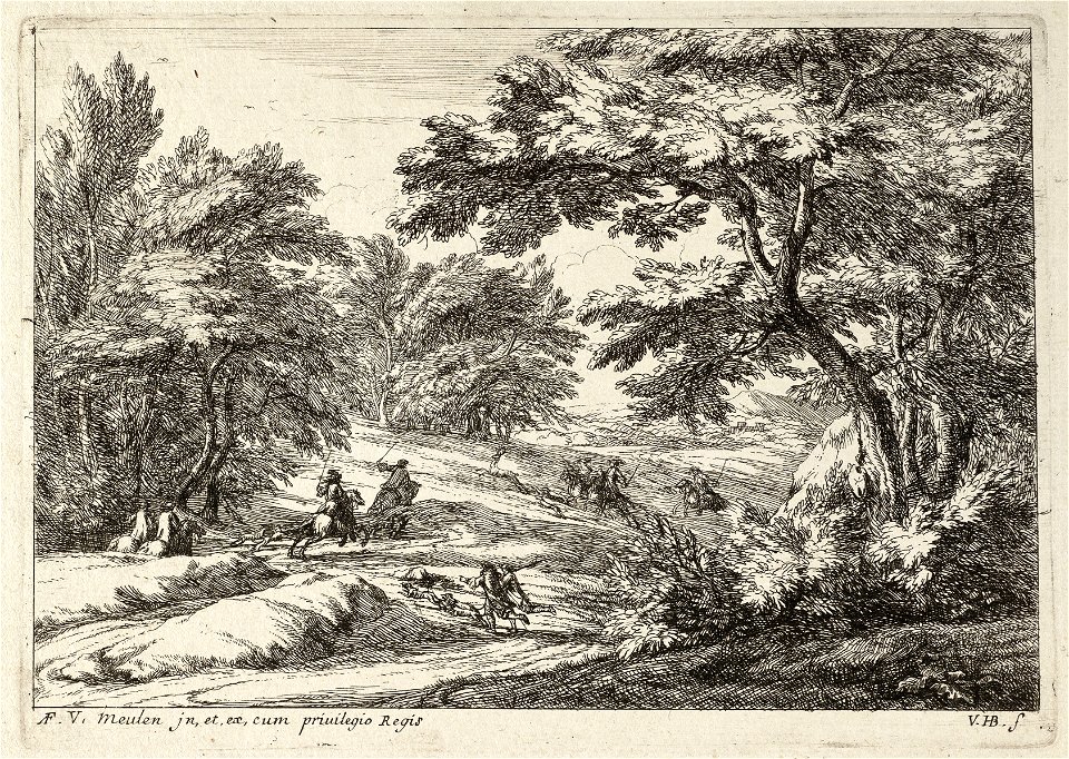 Landschap met bossages aan weerszijden. In het midden jagen ruiters met jachthonden op een hert. NL-HlmNHA 1477 53009193