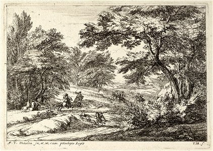 Landschap met bossages aan weerszijden. In het midden jagen ruiters met jachthonden op een hert. NL-HlmNHA 1477 53009193