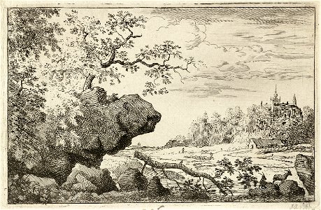 Landschap met op de voorgrond een overhangende rots waar een boom op groeit. Onder de rots een afgebroken tak, waarnaast twee geiten. Op de achtergrond een kerk en een boerderij. NL-HlmNHA 1477 53008012 K