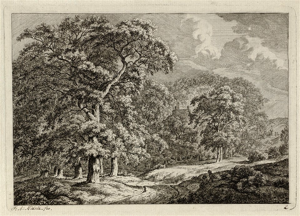 Landschap met hoge bomen en twee zittende figuren naast een weg. Tussen de bomen het dak van een huis. NL-HlmNHA 1477 53010874