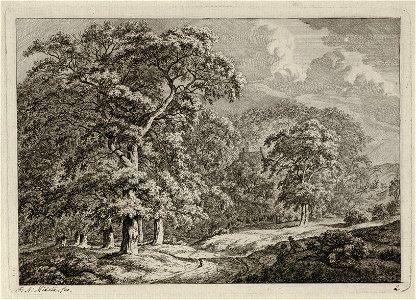 Landschap met hoge bomen en twee zittende figuren naast een weg. Tussen de bomen het dak van een huis. NL-HlmNHA 1477 53010874