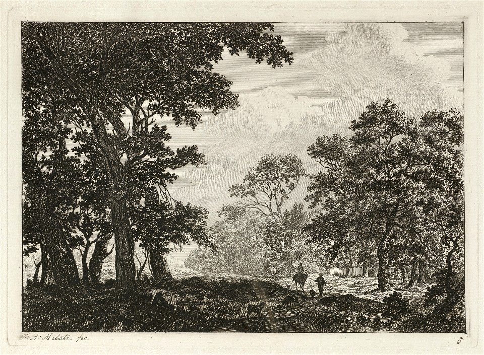 Landschap met hoge bomen langs een weg. Op de weg een ruiter, een man en vee. Tussen de bomen rechts een hek. NL-HlmNHA 1477 53010877