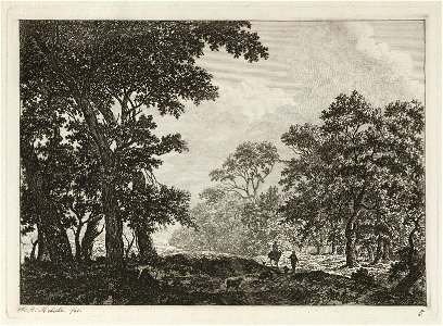 Landschap met hoge bomen langs een weg. Op de weg een ruiter, een man en vee. Tussen de bomen rechts een hek. NL-HlmNHA 1477 53010877