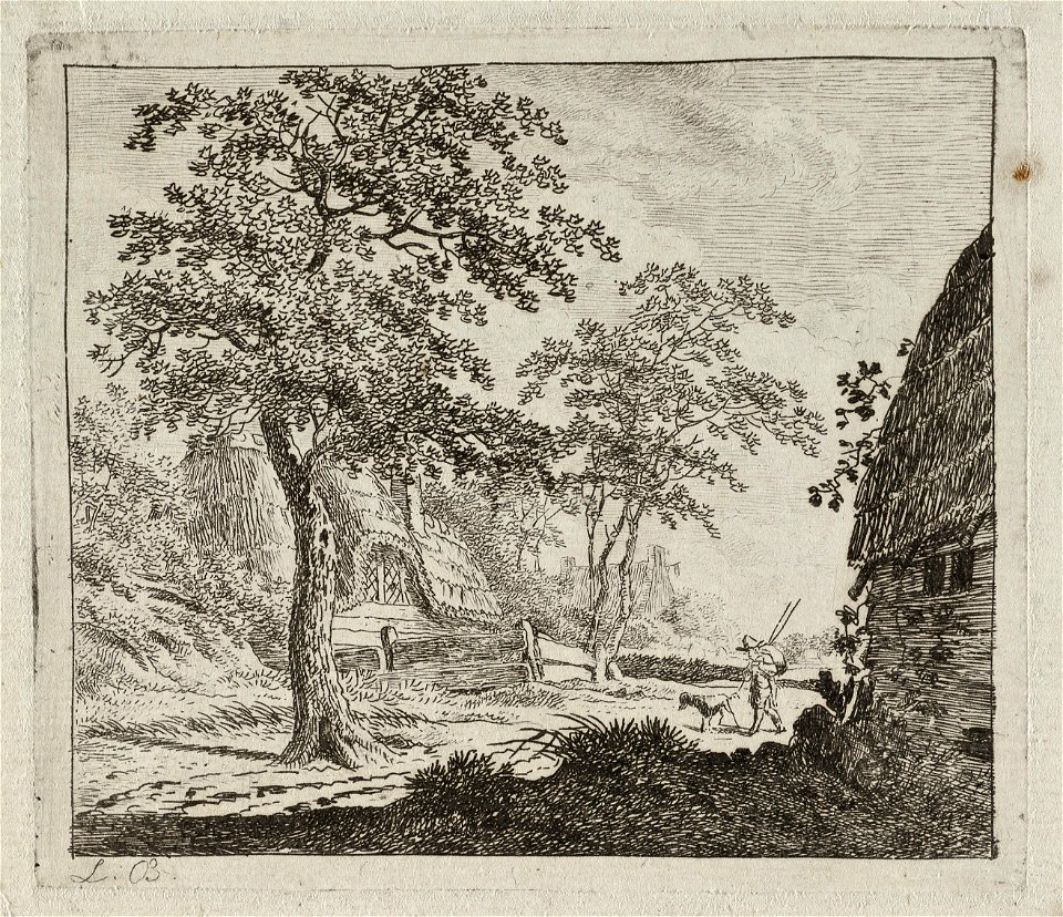 Landschap met wandelaar met hond. NL-HlmNHA 1477 53011091