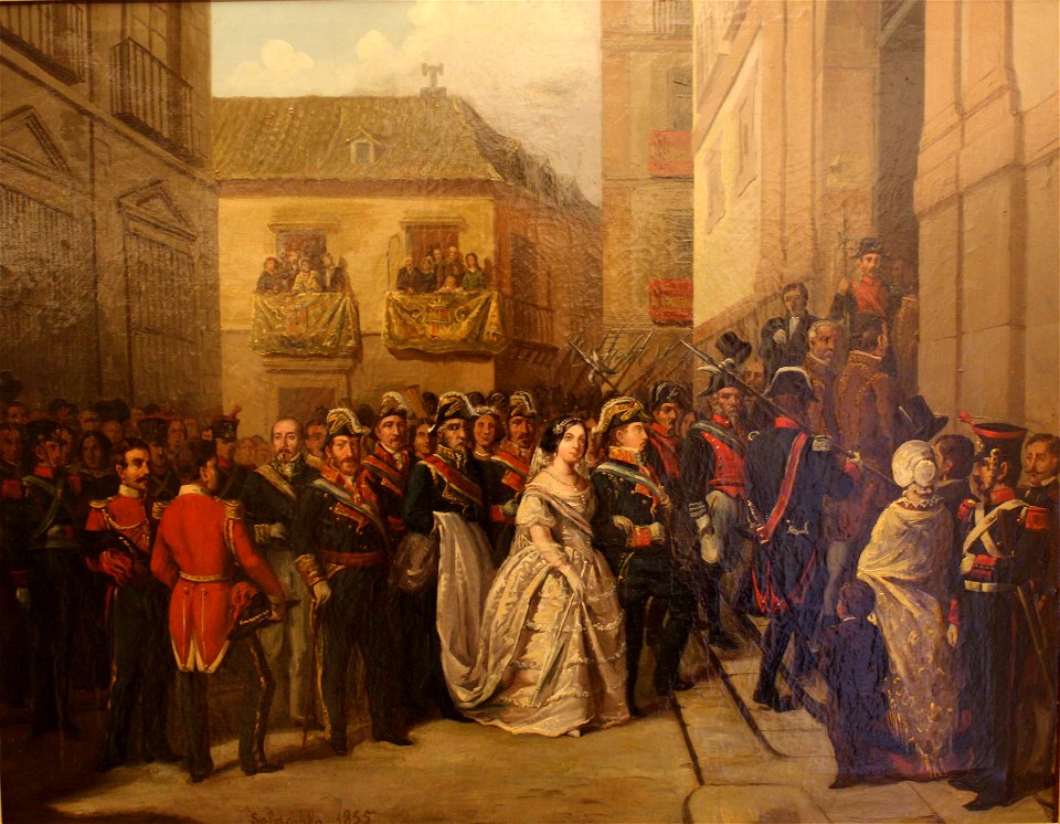La reina Isabel II y su esposo, visitando el monumento de Jueves Santo en la iglesia de Santa María. Museo de Historia de Madrid (cropped)
