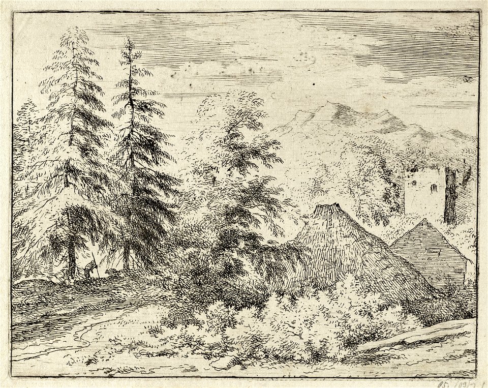 Landschap met de daken van twee huizen zichtbaar tussen bomen en struikgewas. Tussen twee hoge sparren op de achtergrond staat een man met een stok. NL-HlmNHA 1477 53008021 K
