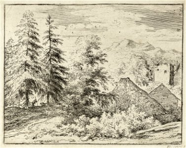 Landschap met de daken van twee huizen zichtbaar tussen bomen en struikgewas. Tussen twee hoge sparren op de achtergrond staat een man met een stok. NL-HlmNHA 1477 53008021 K