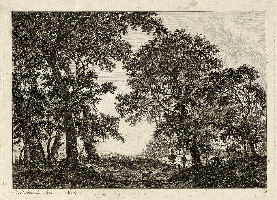 Landschap met hoge bomen langs een weg. Op de weg een ruiter, een man en vee. Tussen de bomen rechts een hek. NL-HlmNHA 1477 53010878