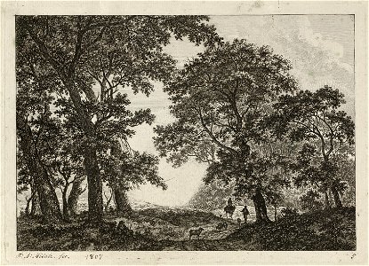 Landschap met hoge bomen langs een weg. Op de weg een ruiter, een man en vee. Tussen de bomen rechts een hek. NL-HlmNHA 1477 53010878