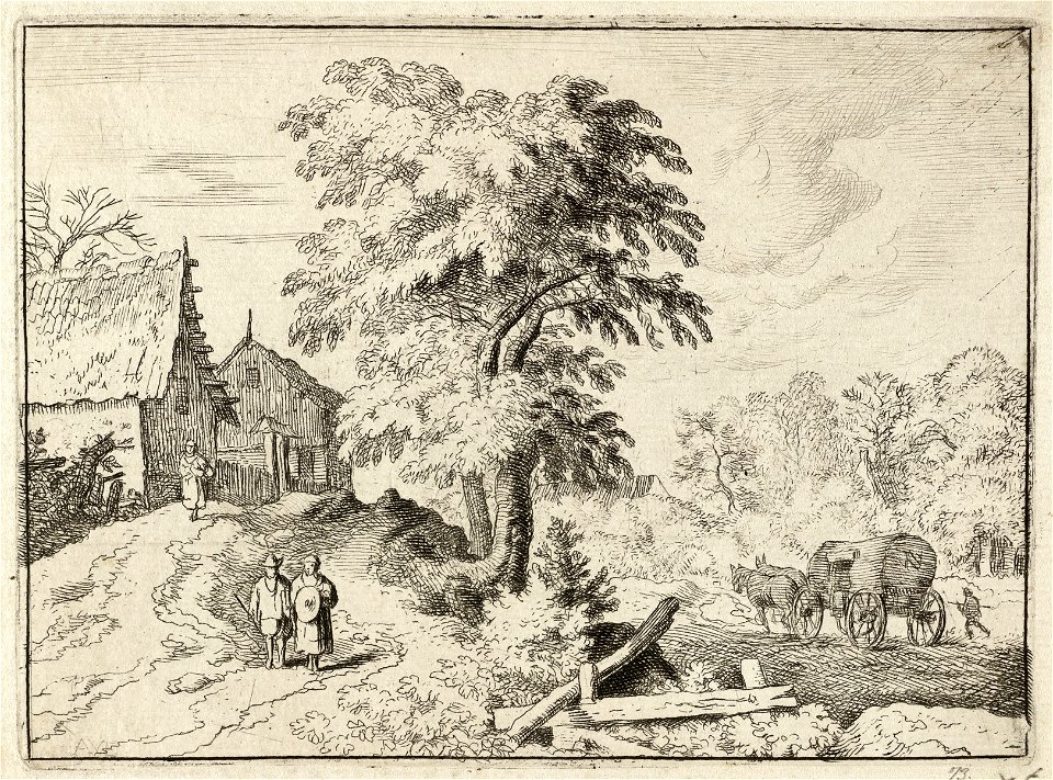 Landschap met boompartij en twee huizen. Op het pad, op de voorgrond, staan een man en een vrouw. Op het lager gelegen pad loopt een persoon naast een koets met twee paarden. NL-HlmNHA 1477 53008003 K