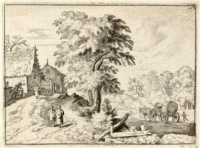 Landschap met boompartij en twee huizen. Op het pad, op de voorgrond, staan een man en een vrouw. Op het lager gelegen pad loopt een persoon naast een koets met twee paarden. NL-HlmNHA 1477 53008003 K