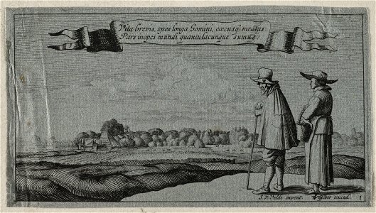 Landschap met een boerenpaar uitkijkend over velden met op de achtergrond een boerderij. Eerste prent uit een serie van zes, getiteld Vita brevis, spes longa homini, caecusq meatus Pars ino, NL-HlmNHA 53012370