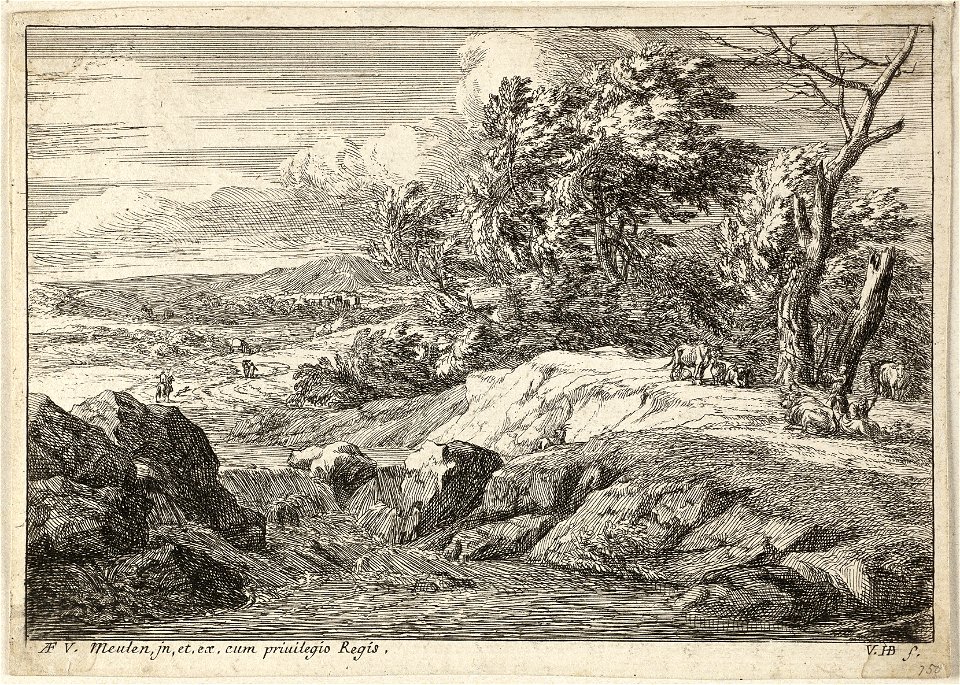 Landschap met rechts twee figuren en koeien voor een bossage. Linksachter een ruiter. NL-HlmNHA 1477 53009195