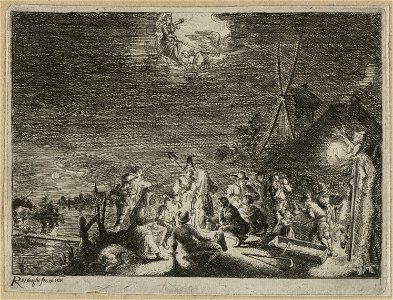 Landschap met de nachtelijke viering van het midwinter lichtfeest met in de lucht de maangodin. NL-HlmNHA 53008903