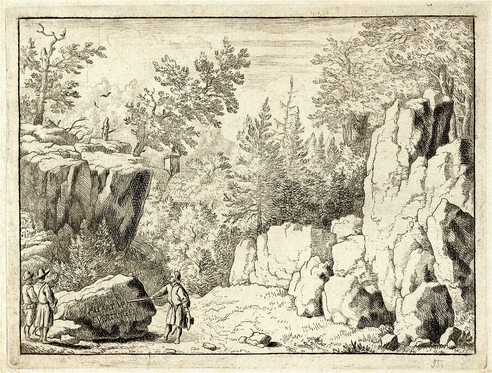 Landschap met drie reizugers. Een reziger wijst met zijn wandelstok naar de signatuur van Van Everdingen op een rotsblok. NL-HlmNHA 1477 53007985 K