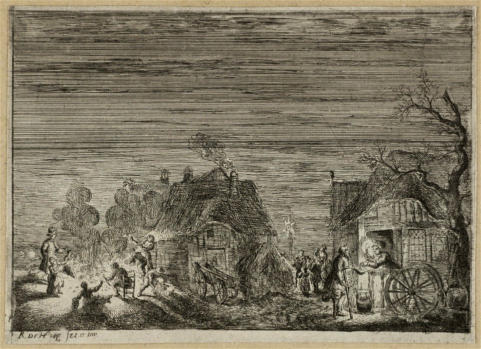 Landschap met de nachtelijke viering van het midwinter lichtfeest. NL-HlmNHA 53008904