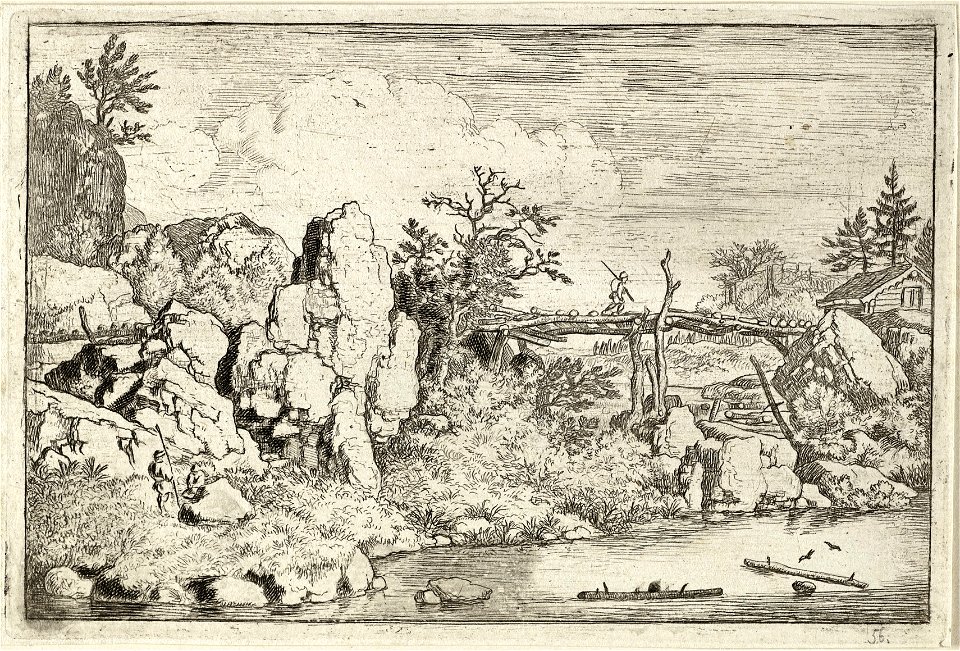 Landschap met rotsen en een rivier op de voorgrond waar twee boomstammen in drijven. Op de oever twee personen en een derde op de houten brug over het water. NL-HlmNHA 1477 53007986 K