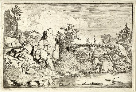 Landschap met rotsen en een rivier op de voorgrond waar twee boomstammen in drijven. Op de oever twee personen en een derde op de houten brug over het water. NL-HlmNHA 1477 53007986 K