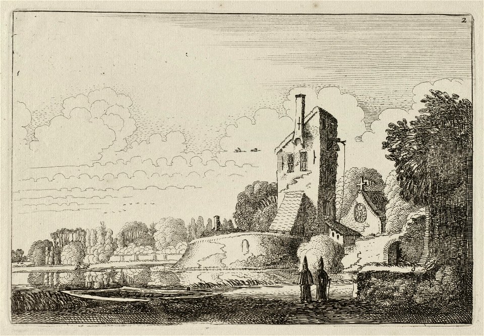 Landschap met fort met toren en kapel. Op de voorgrond wandelen twee kloosterlingen over een pad. NL-HlmNHA 53012429