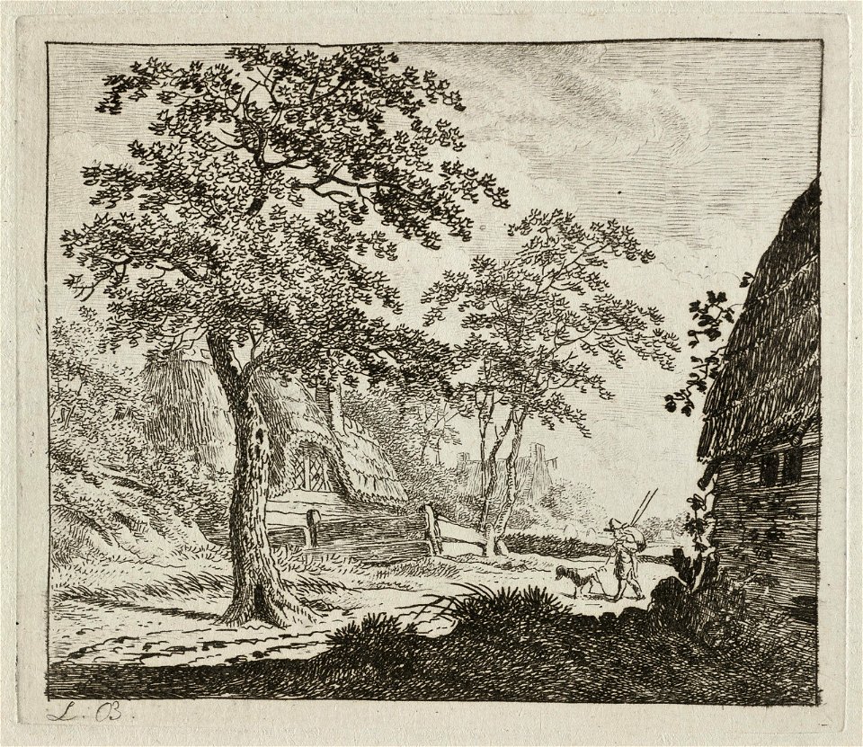 Landschap met wandelaar met hond. NL-HlmNHA 1477 53011092