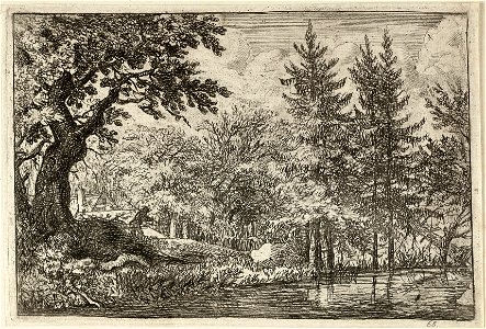 Landschap met naaldbomen langs het water. Onder een grote boom op de voorgrond loopt een man met een stok over zijn schouder. NL-HlmNHA 1477 53007999 K