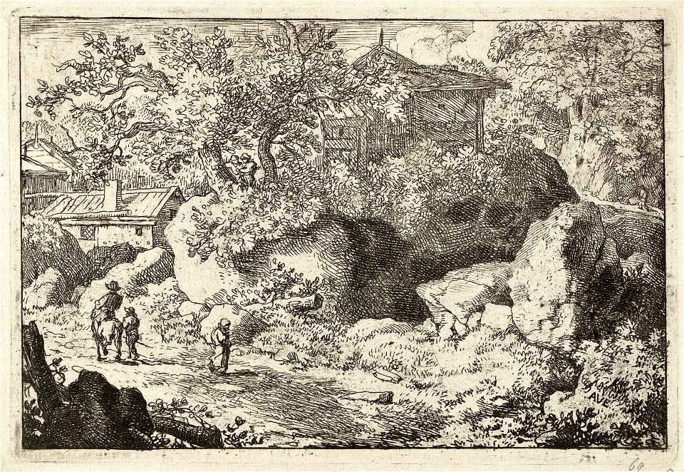 Landschap met enkele huizen tussen begroeide rotsen. Op de voorgrond een pad met een wandelaar, een man te paard en iemand te voet ernaast. NL-HlmNHA 1477 53008000 K