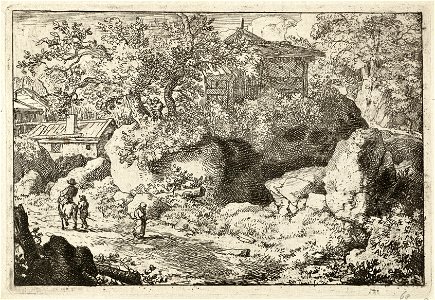 Landschap met enkele huizen tussen begroeide rotsen. Op de voorgrond een pad met een wandelaar, een man te paard en iemand te voet ernaast. NL-HlmNHA 1477 53008000 K