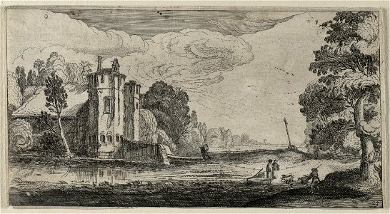 Landschap met figuren bij een versterkt huis met twee torens. NL-HlmNHA 53012386