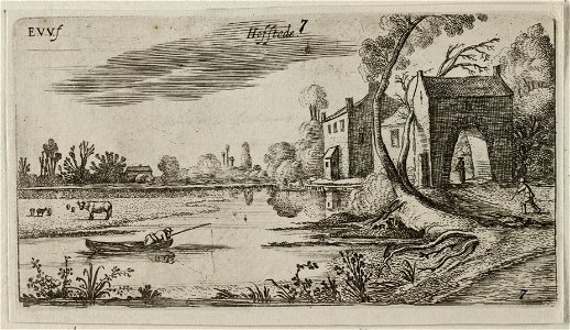 Landschap met een rivier en poortgebouw. NL-HlmNHA 53012242