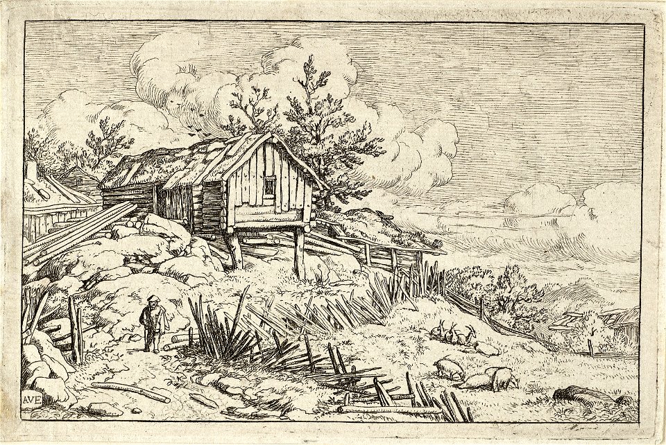 Landschap met houten hut en een wandelaar op een pad langs een vervallen omheining. Binnen het hek enkele geiten en zwijnen. NL-HlmNHA 1477 53007970 K