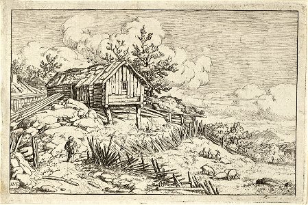 Landschap met houten hut en een wandelaar op een pad langs een vervallen omheining. Binnen het hek enkele geiten en zwijnen. NL-HlmNHA 1477 53007970 K