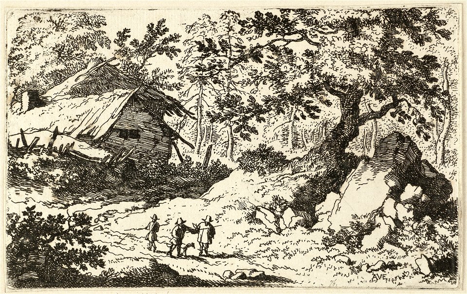 Landschap met drie personen en een hond op een pad bij een vervallen huis. NL-HlmNHA 1477 53008005 K