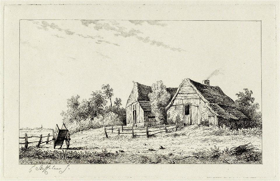 Landschap met twee houten huizen en links een kar. NL-HlmNHA 1477 53012070