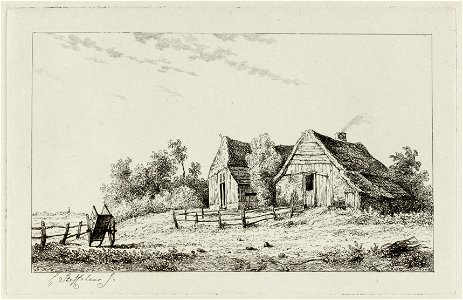 Landschap met twee houten huizen en links een kar. NL-HlmNHA 1477 53012070