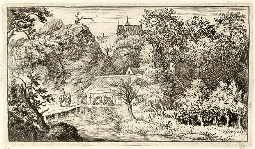 Landschap met drie personen bij een watermolen. Achter de bergen zijn enkele daken zichtbaar. NL-HlmNHA 1477 53007994 K