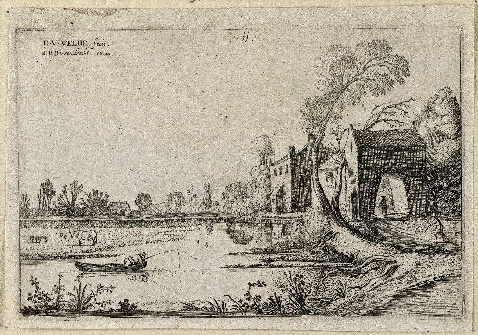 Landschap met een rivier en poortgebouw. NL-HlmNHA 53012264