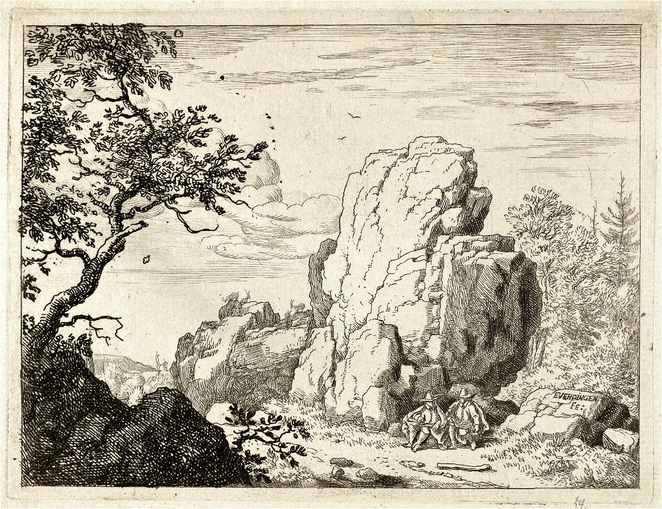 Landschap met twee mannen zittend aan de voet van een rots. NL-HlmNHA 1477 53007984 K