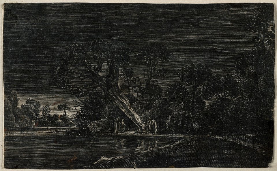 Landschap bij nacht met figuren bij een water. NL-HlmNHA 53012534
