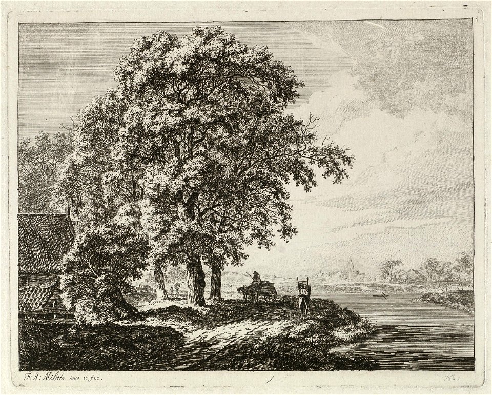 Landschap met hoge bomen langs een rivier. Op de weg een boerenkar en een man met een pak op zijn rug. Ets door Franciscus Andreas Milatz naar eigen ontwerptekening, gesigneerd, rechtsonder , NL-HlmNHA 1477 53010887