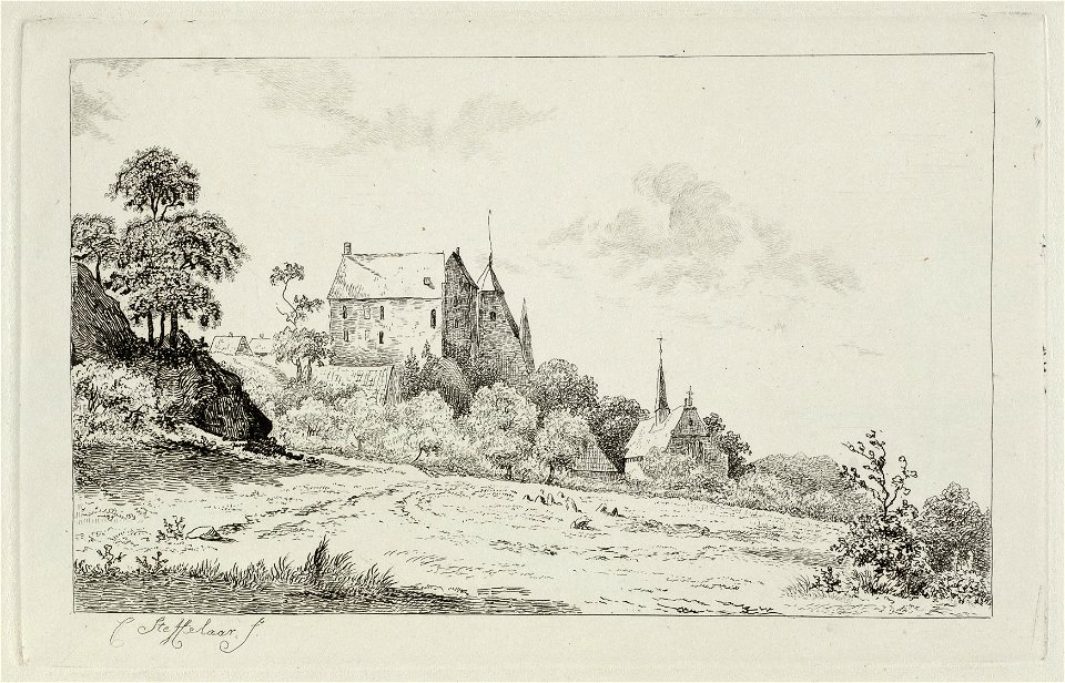 Landschap met een kasteel en een kerk. NL-HlmNHA 1477 53012078