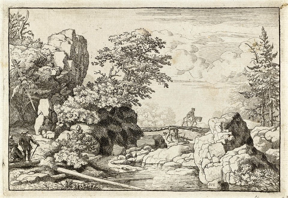 Landschap met ruiter op brug. links drie figuurtjes, waarvan een zittend op een boomstronk. NL-HlmNHA 1477 53007980 K