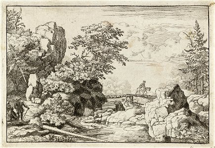 Landschap met ruiter op brug. links drie figuurtjes, waarvan een zittend op een boomstronk. NL-HlmNHA 1477 53007980 K