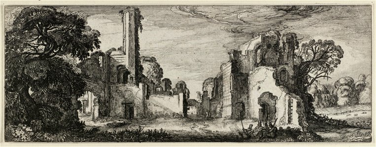 Landschap met ruïne en op de voorgrond vier zittende figuren. NL-HlmNHA 53012502