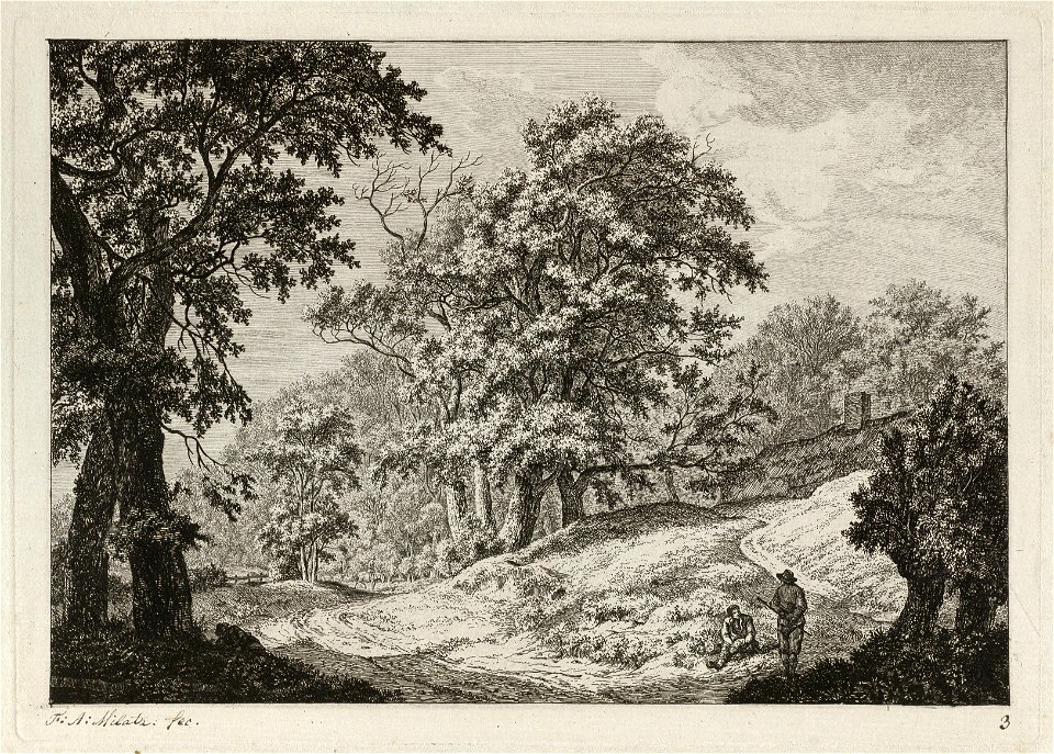 Landschap met rustende figuren naast een weg. Tussen de bomen het dak van een boerderij. NL-HlmNHA 1477 53010875
