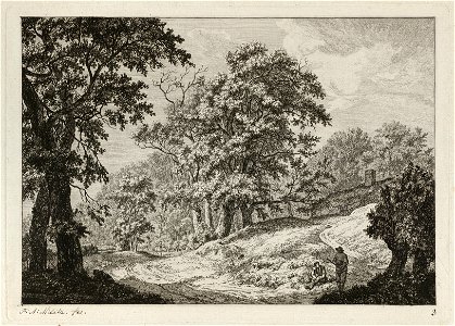 Landschap met rustende figuren naast een weg. Tussen de bomen het dak van een boerderij. NL-HlmNHA 1477 53010875