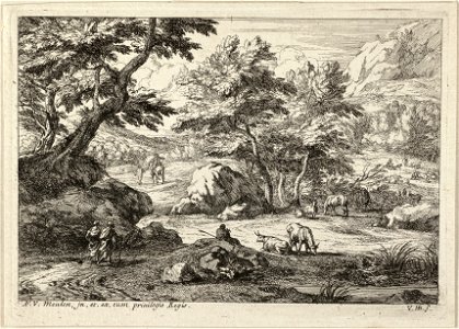 Landschap met twee wandelende figuren links, midden een herder met vee, linksachter een ruiter te paard en wandelaar. NL-HlmNHA 1477 53009194