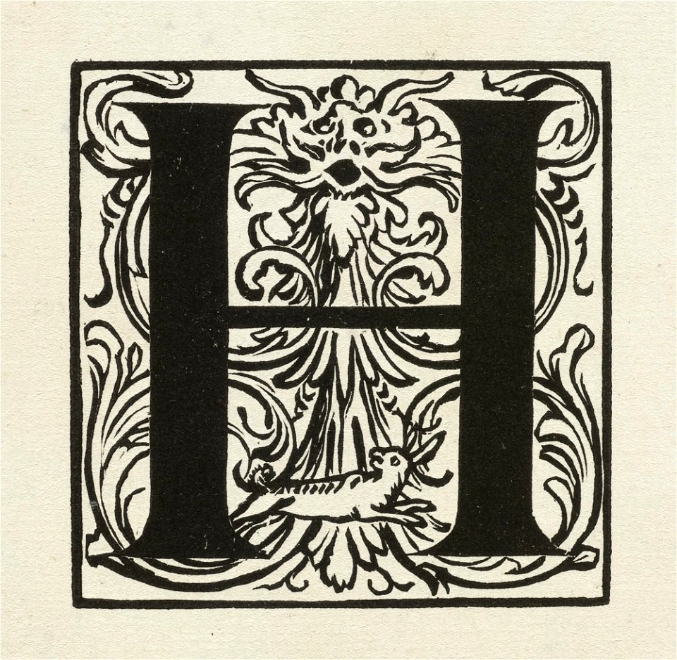 Letter H, omgeven door grotesk ornament en onderaan een haas. NL-HlmNHA 1477 53010303